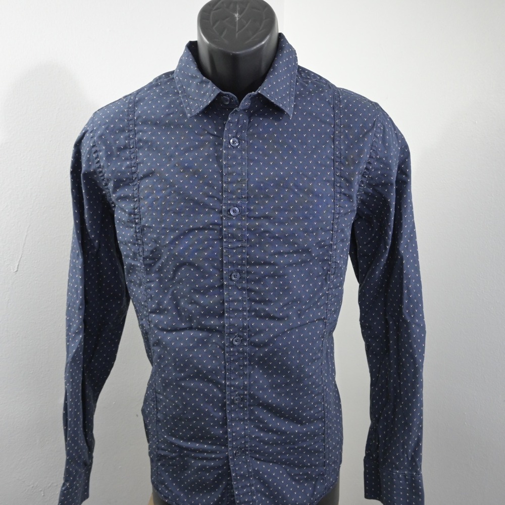 Prana Button Up Mens S Slim Fit Navy Blue Geometric Pattern Long Sleeve
